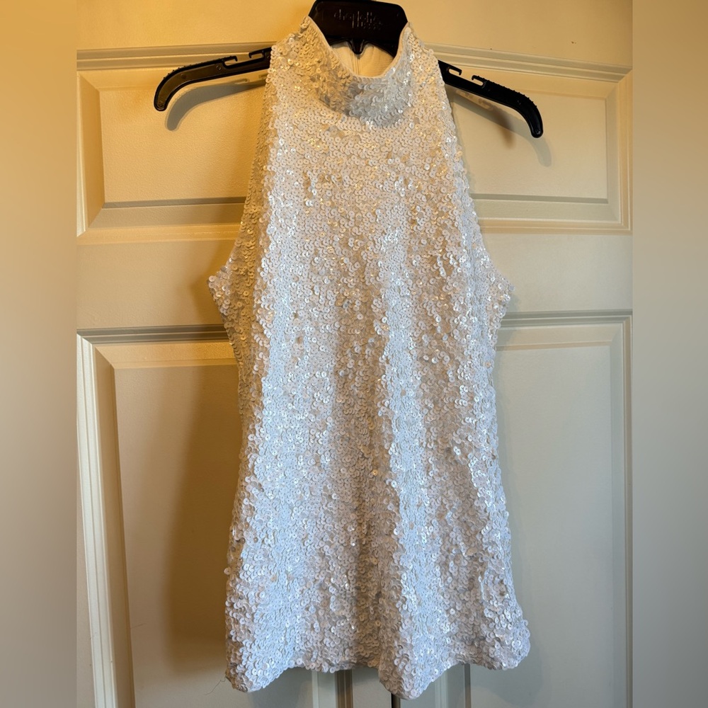 White Sequin High Neck Halter Top - Size L Alexandra Collection